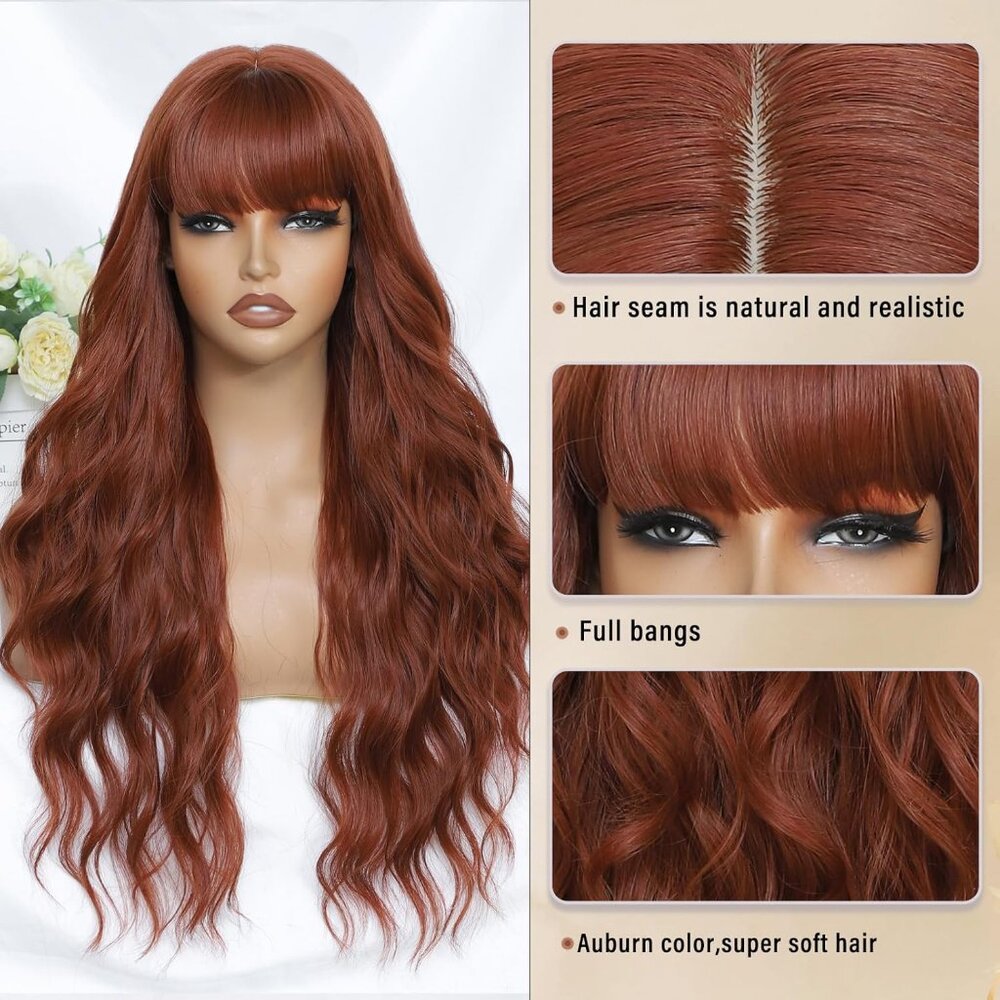 Auburn Wig with Bangs for Women Long Wavy Wigs 26 Inch Auburn Wigs Natural Looki - Picture 4 of 6
